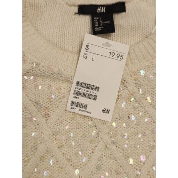 H&M Sweater Cable Knit Womens L Ivory Cream Sequin Diamond Holiday Bling NEW - Picture 3 of 6